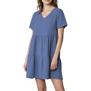 Tiered Blue Mini Dress with Short Sleeves